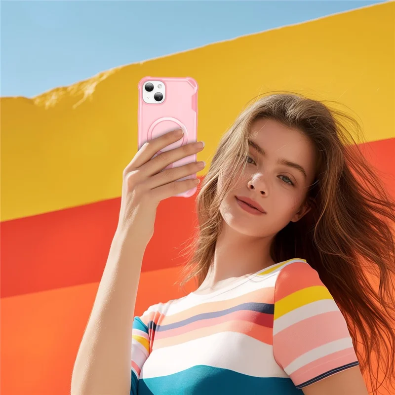 For iPhone 15 Case Compatible with MagSafe Kickstand TPU + PC Shockproof Phone Back Cover - Pink