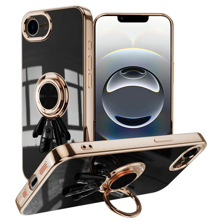 Capa para iPhone 16e com Suporte de Anel de Astronauta, TPU Eletroplástico 6D - Preto