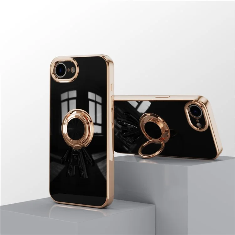 Capa para iPhone 16e com Suporte de Anel de Astronauta, TPU Eletroplástico 6D - Preto