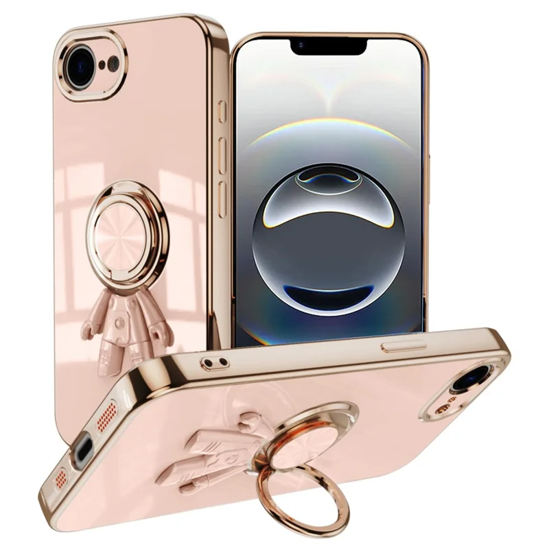 For iPhone 17e / 16e Case with Astronaut Ring Kickstand 6D Electroplating TPU Phone Cover - Pink