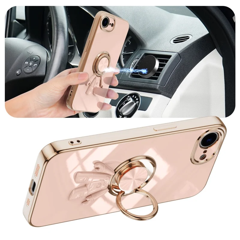 For iPhone 17e / 16e Case with Astronaut Ring Kickstand 6D Electroplating TPU Phone Cover - Pink
