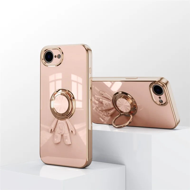 For iPhone 17e / 16e Case with Astronaut Ring Kickstand 6D Electroplating TPU Phone Cover - Pink