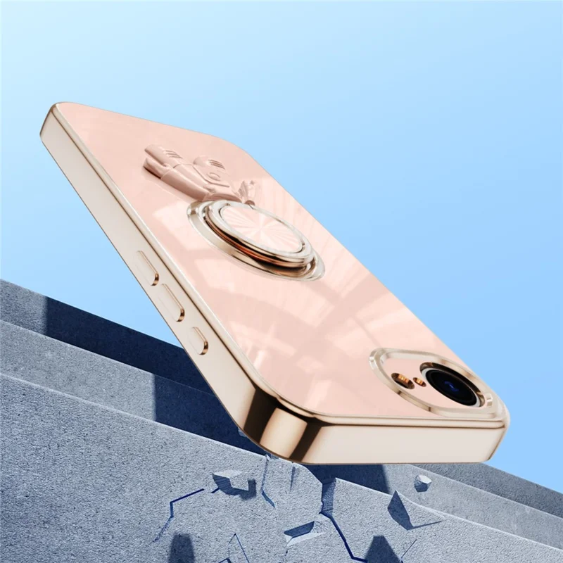 For iPhone 17e / 16e Case with Astronaut Ring Kickstand 6D Electroplating TPU Phone Cover - Pink