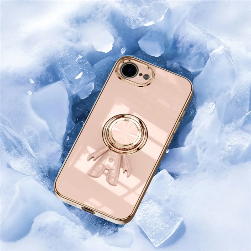 For iPhone 17e / 16e Case with Astronaut Ring Kickstand 6D Electroplating TPU Phone Cover - Pink