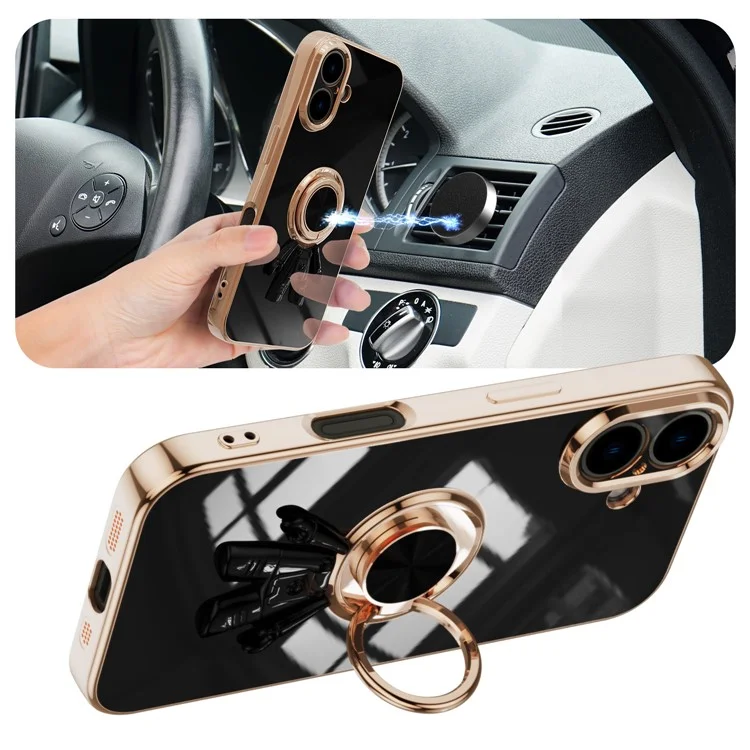 For iPhone 16 Plus Case with Astronaut Ring Kickstand 6D Electroplating TPU Phone Cover - Black