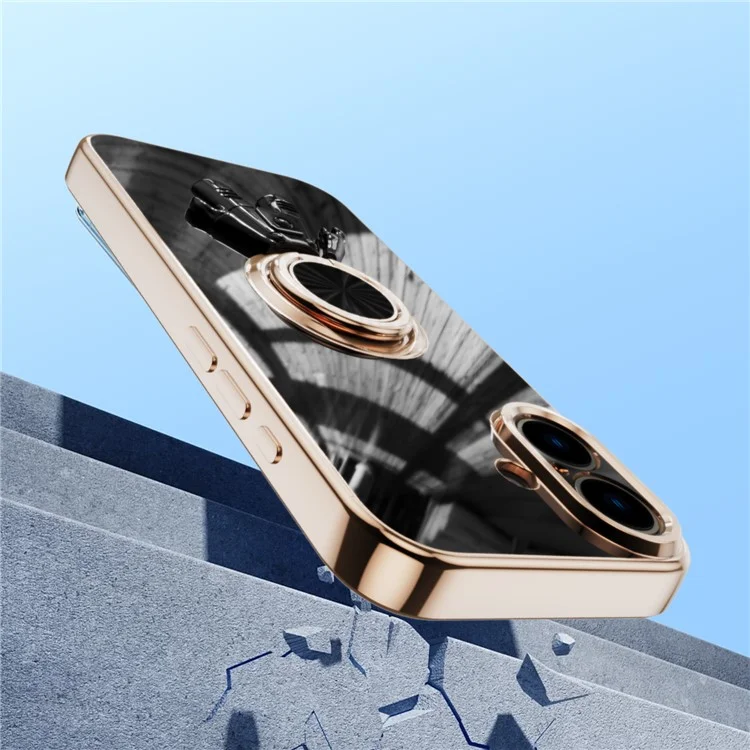 For iPhone 16 Plus Case with Astronaut Ring Kickstand 6D Electroplating TPU Phone Cover - Black