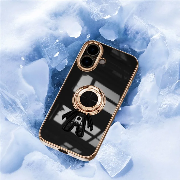 For iPhone 16 Plus Case with Astronaut Ring Kickstand 6D Electroplating TPU Phone Cover - Black