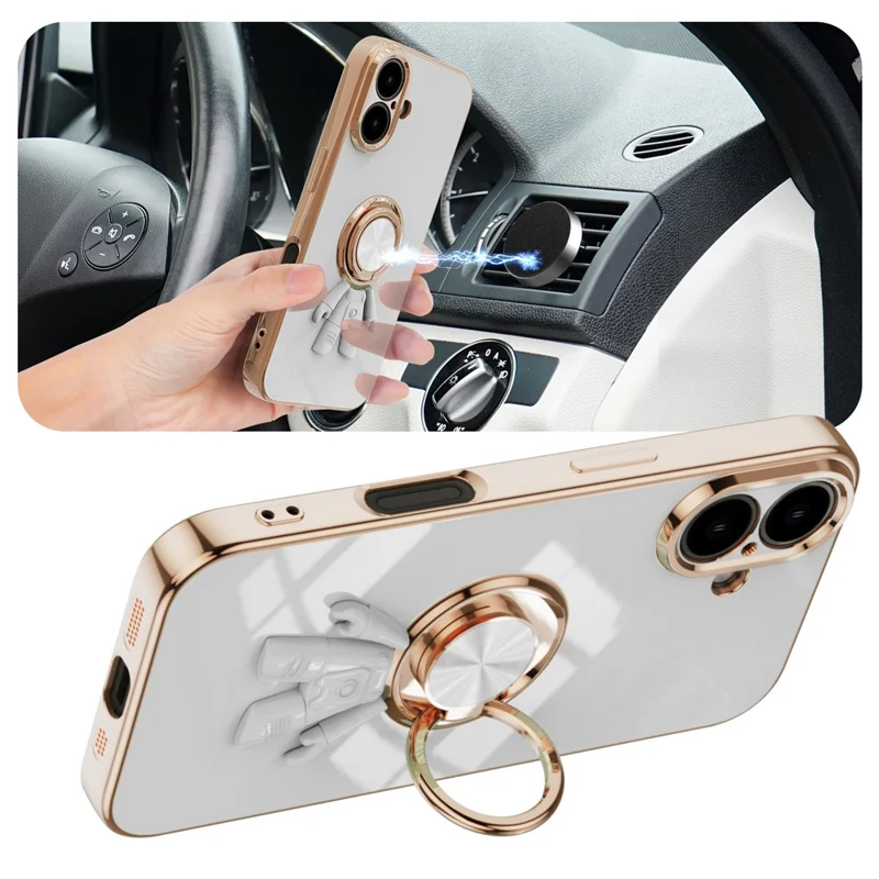 For iPhone 16 Plus Case with Astronaut Ring Kickstand 6D Electroplating TPU Phone Cover - White