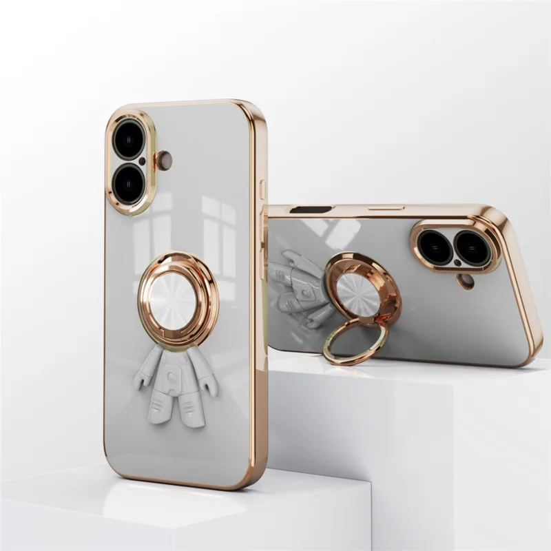 For iPhone 16 Plus Case with Astronaut Ring Kickstand 6D Electroplating TPU Phone Cover - White