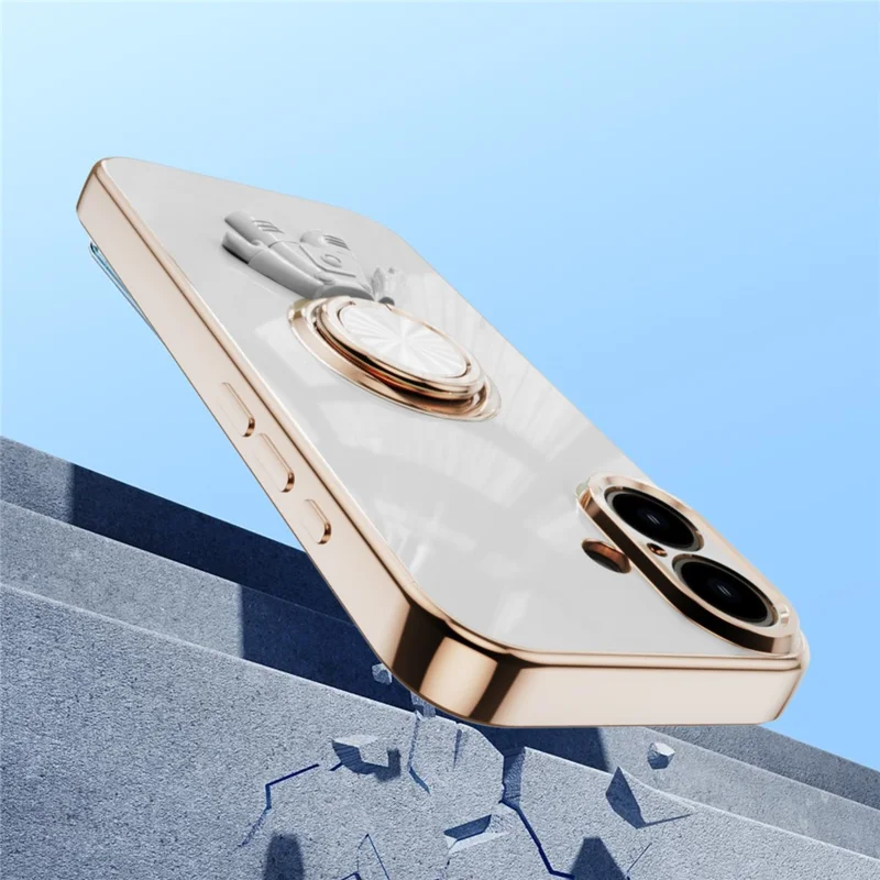 For iPhone 16 Plus Case with Astronaut Ring Kickstand 6D Electroplating TPU Phone Cover - White