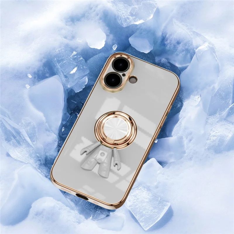 For iPhone 16 Plus Case with Astronaut Ring Kickstand 6D Electroplating TPU Phone Cover - White
