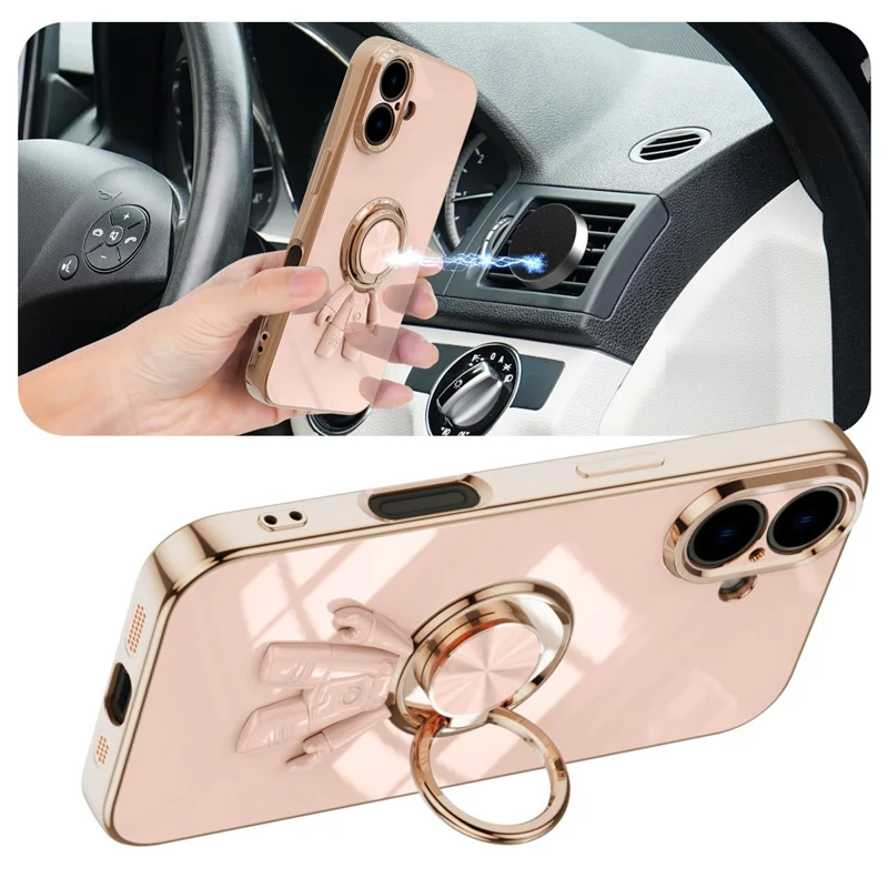 For iPhone 16 Plus Case with Astronaut Ring Kickstand 6D Electroplating TPU Phone Cover - Pink