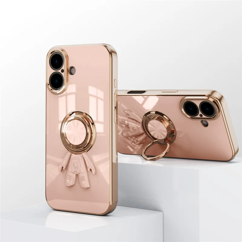 For iPhone 16 Plus Case with Astronaut Ring Kickstand 6D Electroplating TPU Phone Cover - Pink