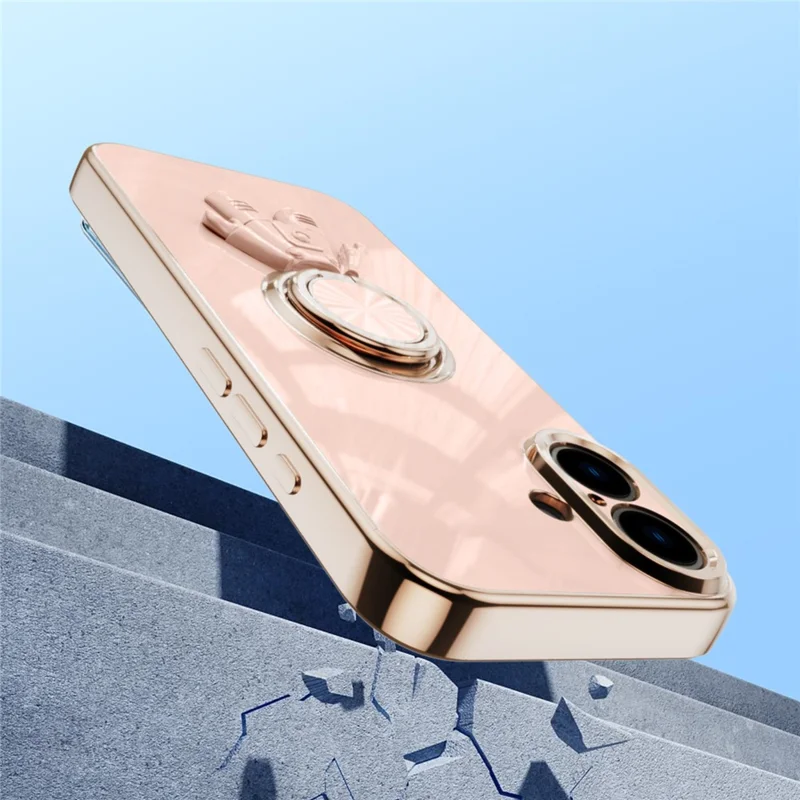 For iPhone 16 Plus Case with Astronaut Ring Kickstand 6D Electroplating TPU Phone Cover - Pink