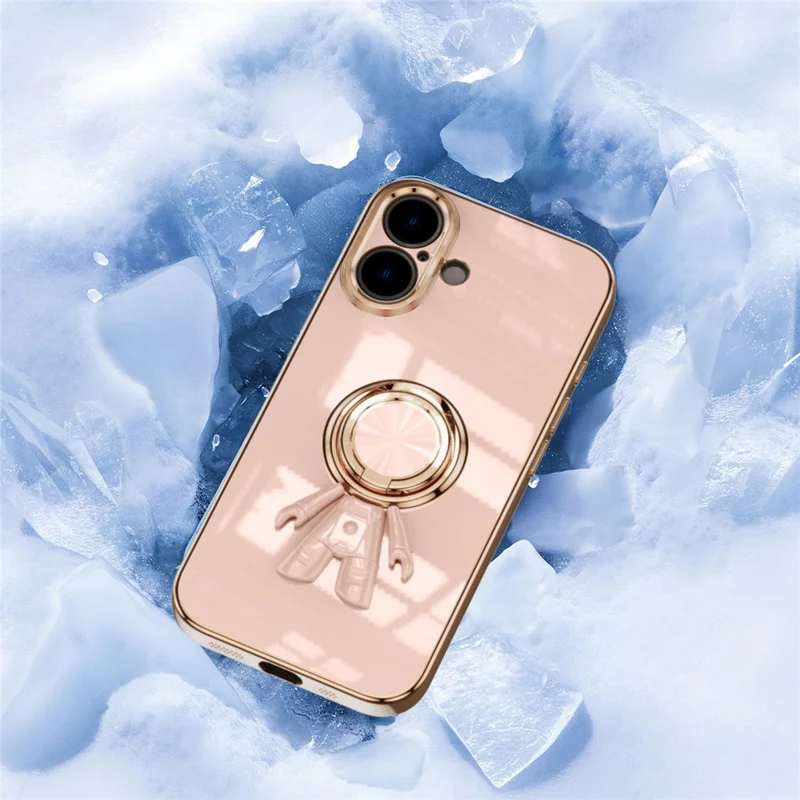 For iPhone 16 Plus Case with Astronaut Ring Kickstand 6D Electroplating TPU Phone Cover - Pink