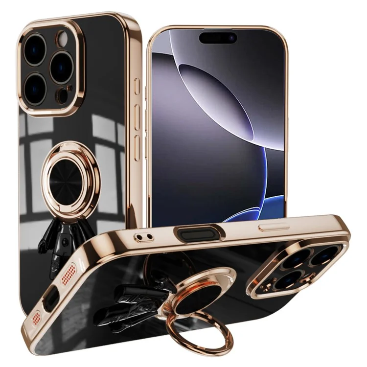 Capa para iPhone 16 Pro com Suporte de Anel de Astronauta, TPU Eletroplástico 6D - Preto