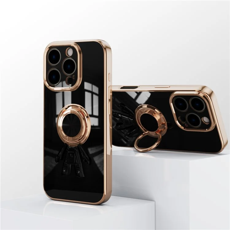 Capa para iPhone 16 Pro com Suporte de Anel de Astronauta, TPU Eletroplástico 6D - Preto