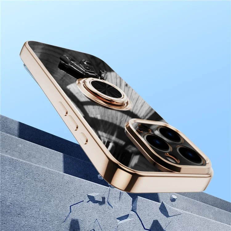 Capa para iPhone 16 Pro Max com Suporte de Anel de Astronauta, Capa de Telefone TPU Eletroplastificada 6D - Preto