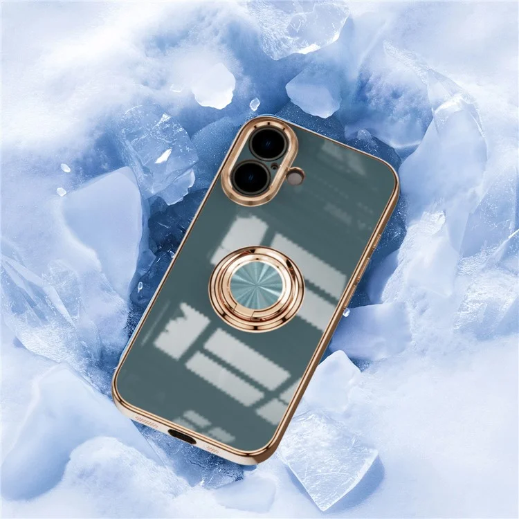 Für iPhone 16 Hülle mit präzisen Ausschnitten 6D Elektroplatting TPU Handyhülle mit Ringhalter - Grau