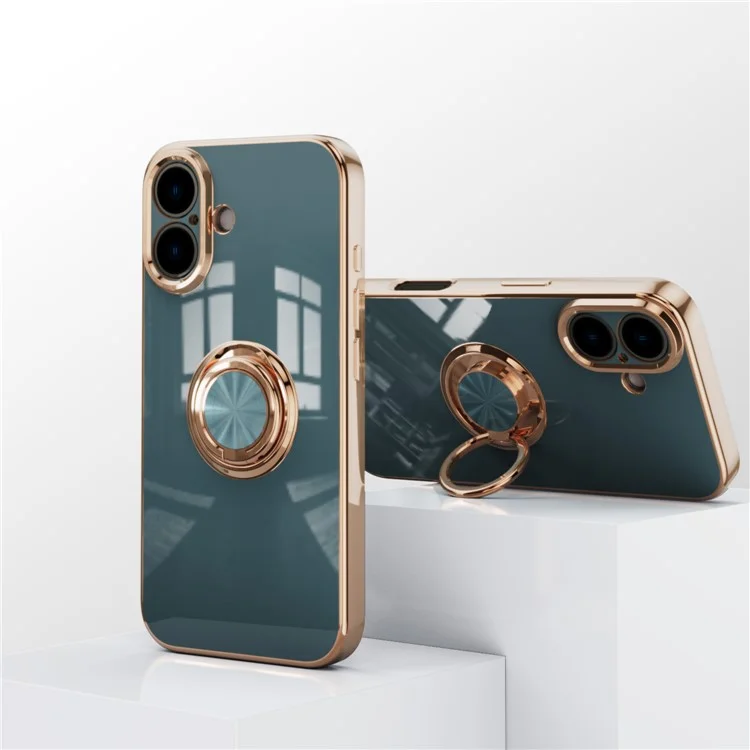 Für iPhone 16 Hülle mit präzisen Ausschnitten 6D Elektroplatting TPU Handyhülle mit Ringhalter - Grau