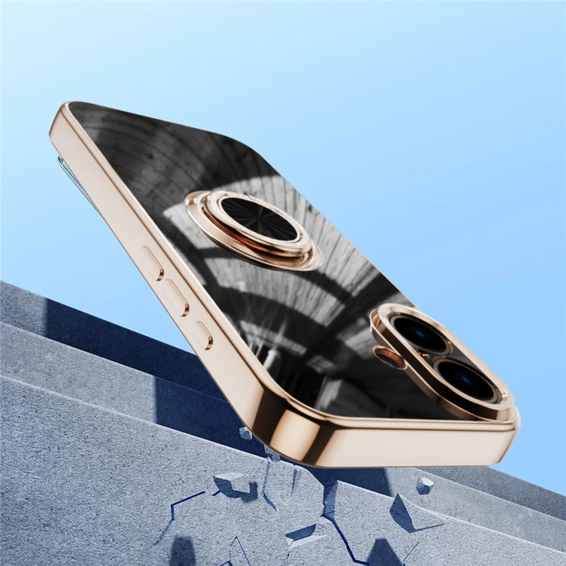 For iPhone 16 Plus Case Precise Cutouts 6D Electroplating TPU Phone Cover with Ring Holder - Black
