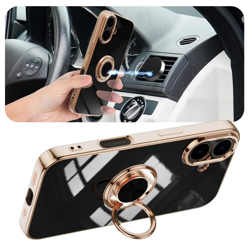 For iPhone 16 Plus Case Precise Cutouts 6D Electroplating TPU Phone Cover with Ring Holder - Black