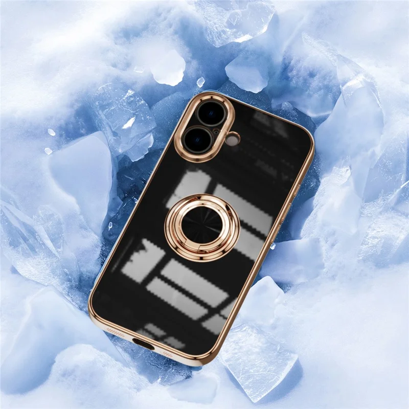 For iPhone 16 Plus Case Precise Cutouts 6D Electroplating TPU Phone Cover with Ring Holder - Black