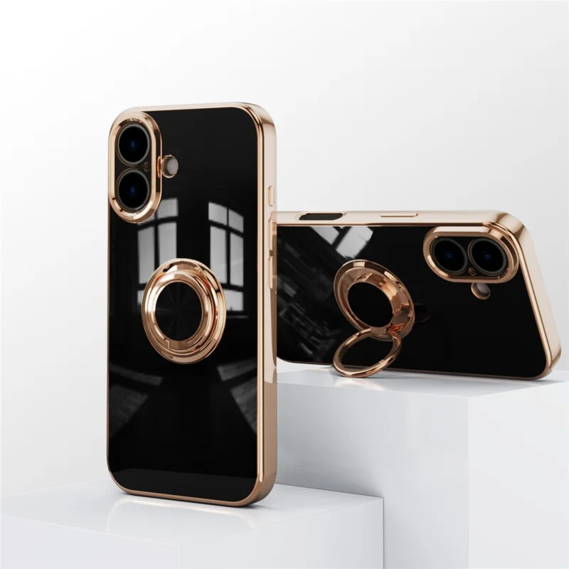For iPhone 16 Plus Case Precise Cutouts 6D Electroplating TPU Phone Cover with Ring Holder - Black