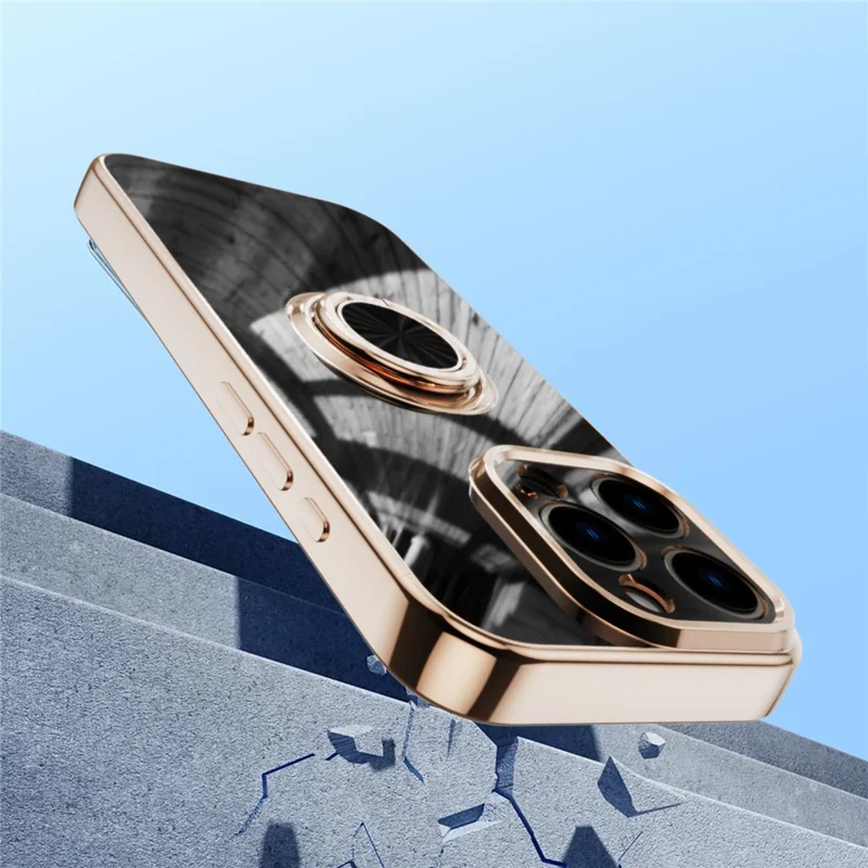 For iPhone 16 Pro Max Case Precise Cutouts 6D Electroplating TPU Phone Cover with Ring Holder - Black
