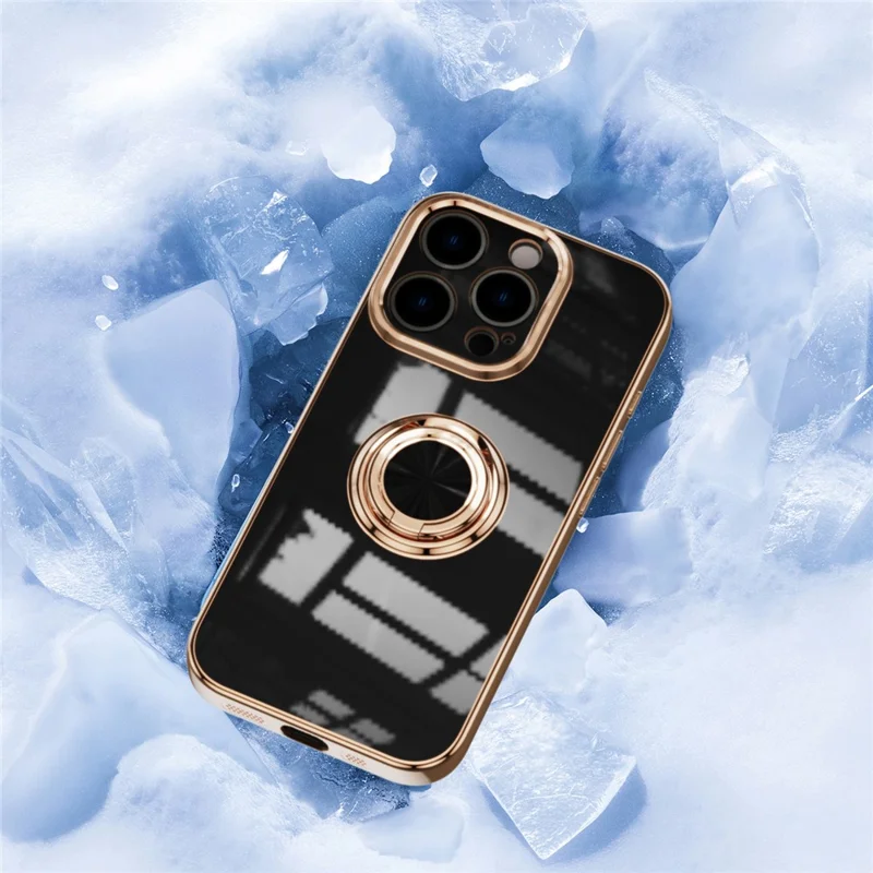 For iPhone 16 Pro Max Case Precise Cutouts 6D Electroplating TPU Phone Cover with Ring Holder - Black
