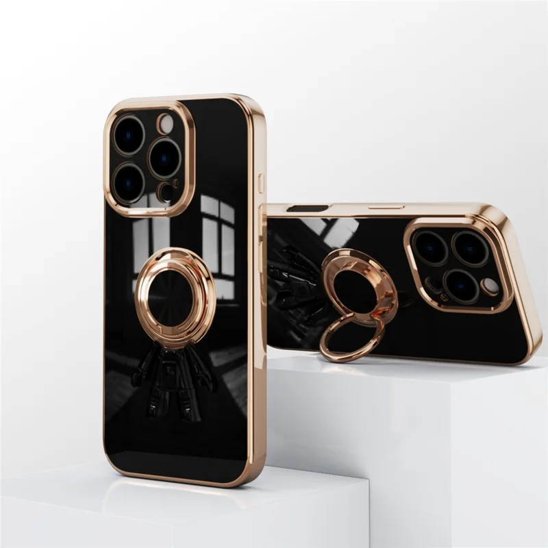 For iPhone 16 Pro Max Case Precise Cutouts 6D Electroplating TPU Phone Cover with Ring Holder - Black