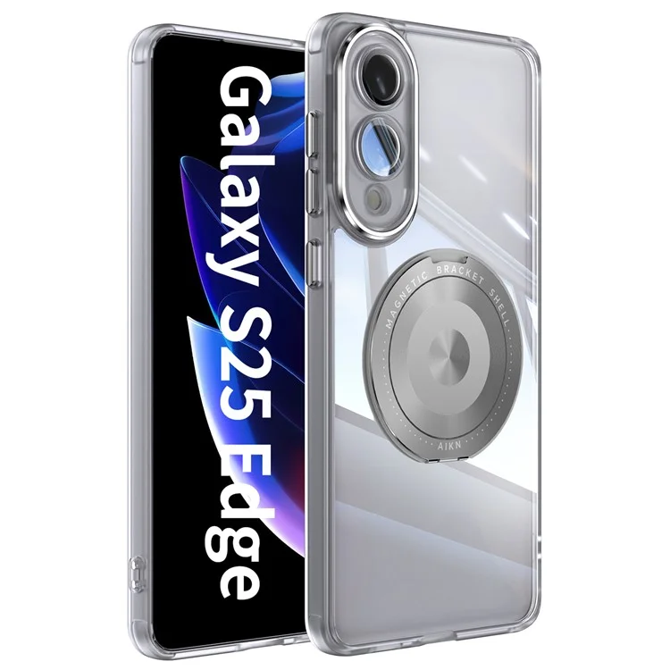 For Samsung Galaxy S25 Edge Magnetic Case PC + TPU Phone Cover with Rotating Metal Kickstand, Lens Protector - Matte White