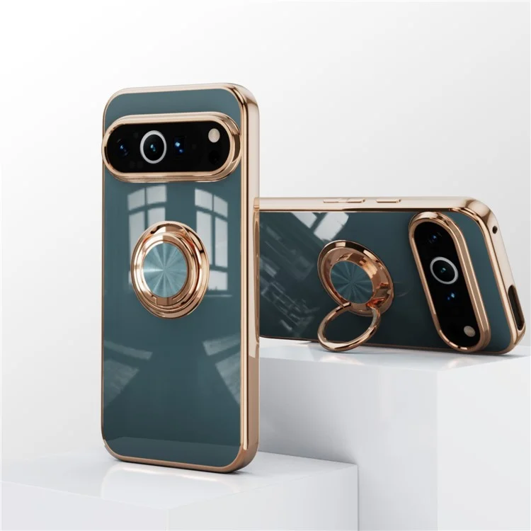 Für Google Pixel 9 / 9 Pro Hülle Präzise Aussparungen 6D Elektroplatting TPU Handyhülle mit Ringhalter - Grau