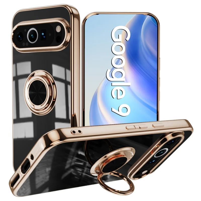 For Google Pixel 9 / 9 Pro Case Precise Cutouts 6D Electroplating TPU Phone Cover with Ring Holder - Black