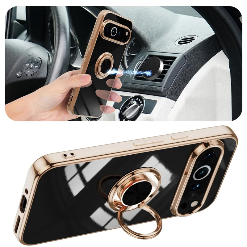 For Google Pixel 9 / 9 Pro Case Precise Cutouts 6D Electroplating TPU Phone Cover with Ring Holder - Black