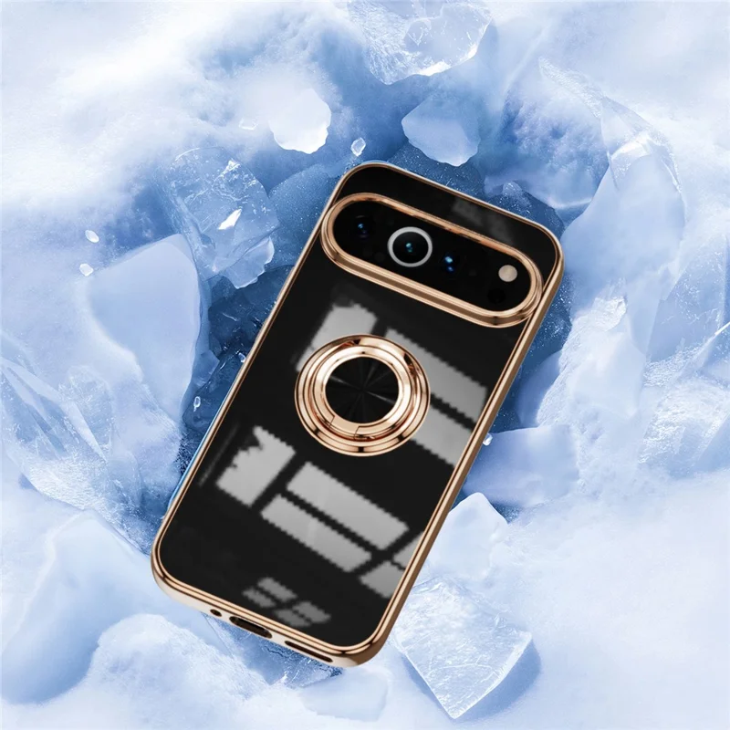 For Google Pixel 9 / 9 Pro Case Precise Cutouts 6D Electroplating TPU Phone Cover with Ring Holder - Black
