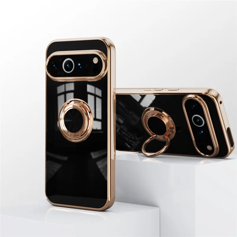 For Google Pixel 9 / 9 Pro Case Precise Cutouts 6D Electroplating TPU Phone Cover with Ring Holder - Black