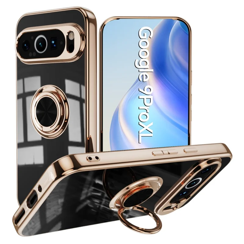 For Google Pixel 9 Pro XL Case Precise Cutouts 6D Electroplating TPU Phone Cover with Ring Holder - Black