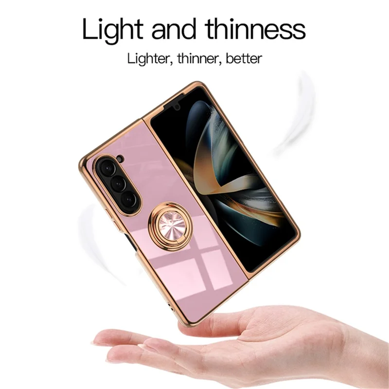 For Samsung Galaxy Z Fold5 5G Case Precise Cutouts 6D Electroplating TPU Phone Cover with Ring Holder - Pink