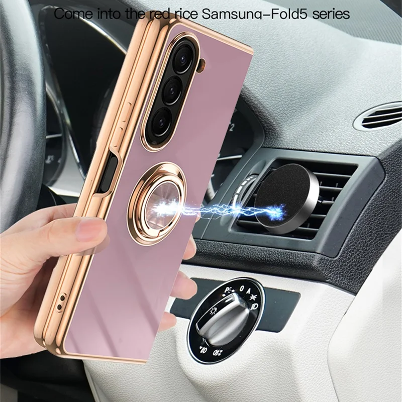 For Samsung Galaxy Z Fold5 5G Case Precise Cutouts 6D Electroplating TPU Phone Cover with Ring Holder - Pink
