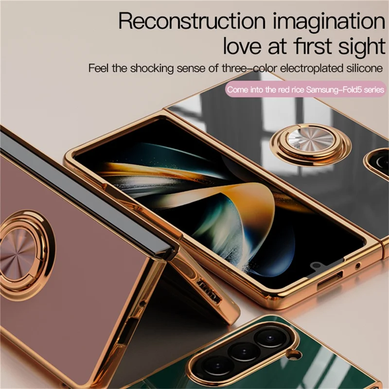 For Samsung Galaxy Z Fold5 5G Case Precise Cutouts 6D Electroplating TPU Phone Cover with Ring Holder - Pink