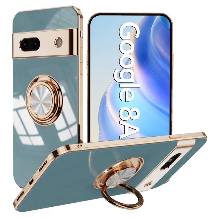 For Google Pixel 8a Case Precise Cutouts 6D Electroplating TPU Phone Cover with Ring Holder - Grey