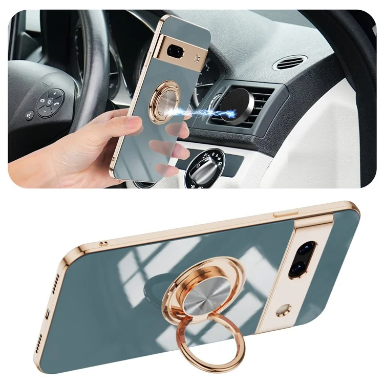 For Google Pixel 8a Case Precise Cutouts 6D Electroplating TPU Phone Cover with Ring Holder - Grey