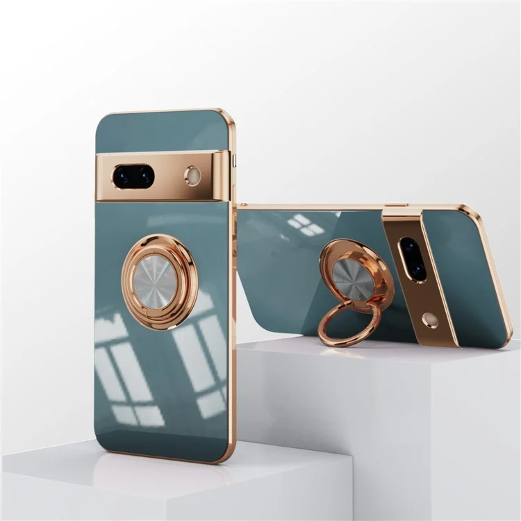 For Google Pixel 8a Case Precise Cutouts 6D Electroplating TPU Phone Cover with Ring Holder - Grey