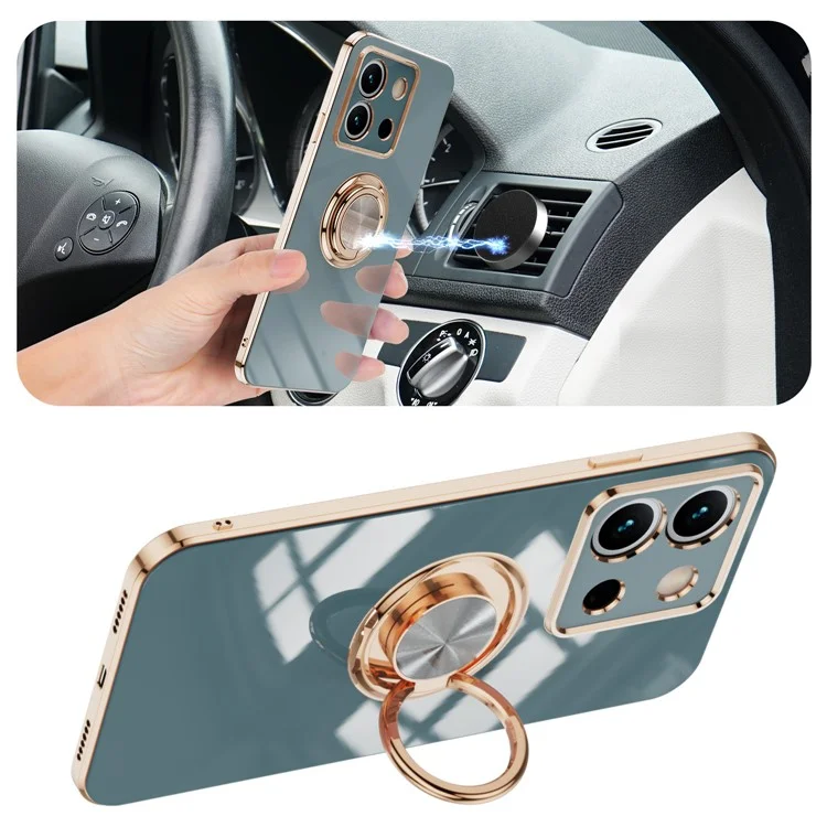 Funda para Xiaomi Redmi Note 13 Pro 5G / Poco X6 5G con Cortes Precisos 6D Chapado Electrolítico TPU con Soporte de Anillo - Gris