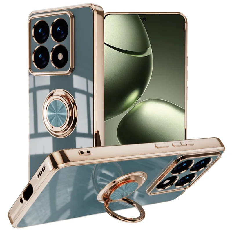 For Xiaomi 14T Case Precise Cutouts 6D Electroplating TPU Phone Cover with Ring Holder - Grey