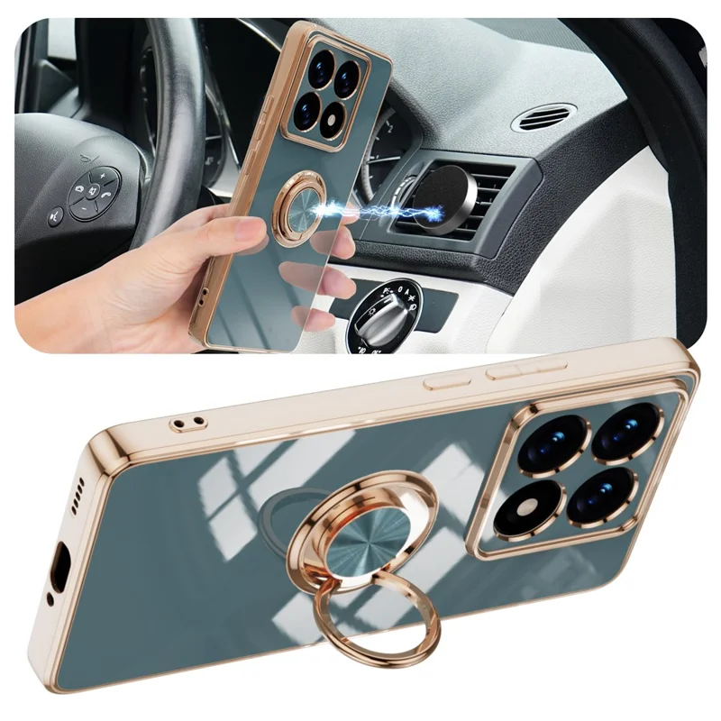 For Xiaomi 14T Case Precise Cutouts 6D Electroplating TPU Phone Cover with Ring Holder - Grey