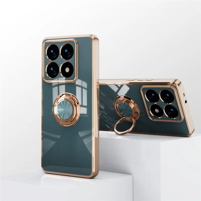 For Xiaomi 14T Case Precise Cutouts 6D Electroplating TPU Phone Cover with Ring Holder - Grey