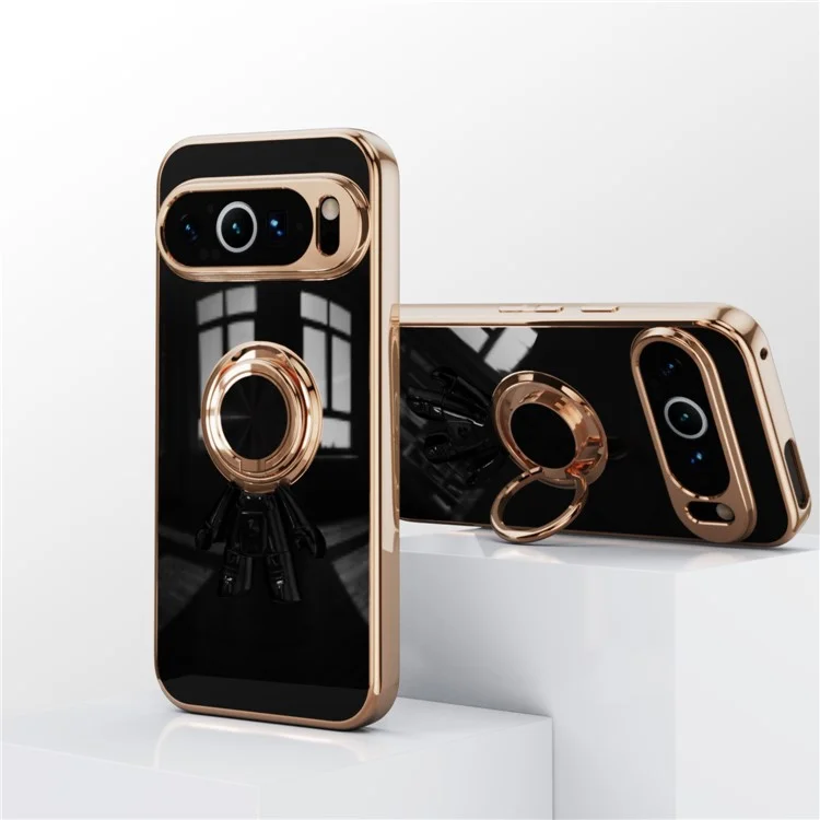 Capa para Google Pixel 9 Pro XL com Suporte de Anel de Astronauta, Capa de Telefone TPU Eletroplatinado 6D - Preto
