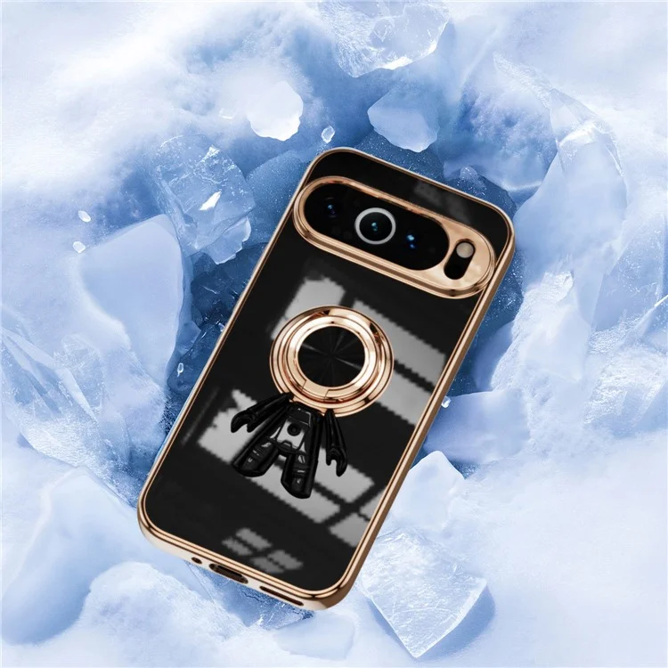 Capa para Google Pixel 9 Pro XL com Suporte de Anel de Astronauta, Capa de Telefone TPU Eletroplatinado 6D - Preto